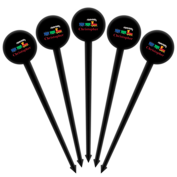 Trains Black Plastic 4" Food Pick - Round - Fan View