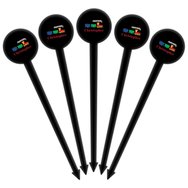 Trains Black Plastic 6" Food Pick - Round - Fan View