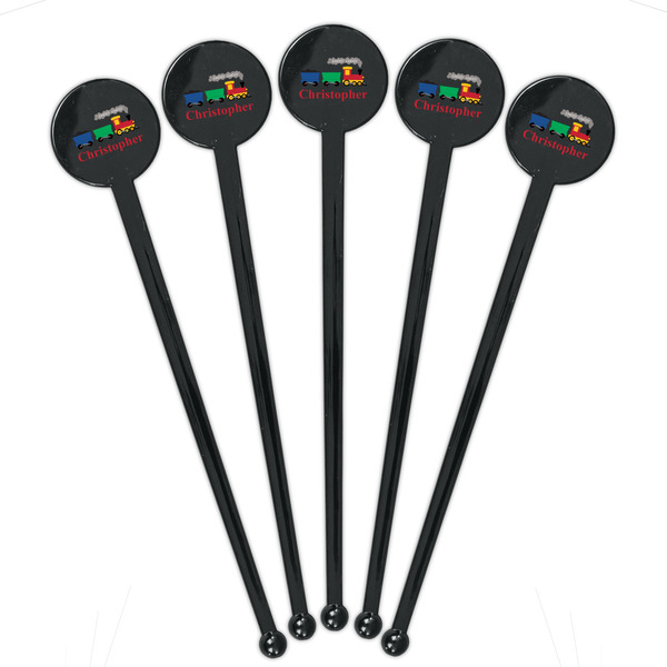 Trains Black Plastic 7" Stir Stick - Round - Fan View