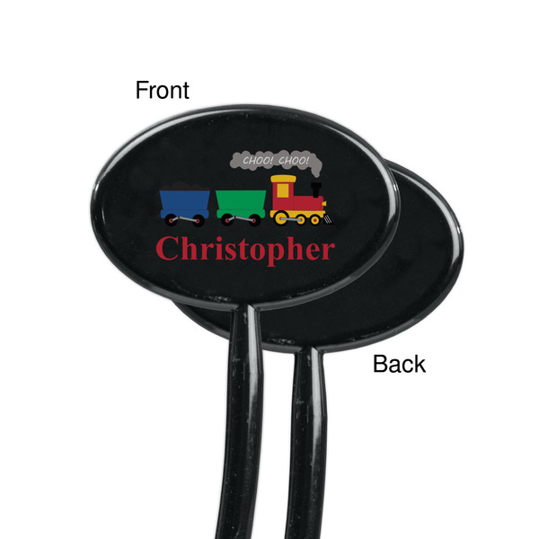 Trains Black Plastic 7" Stir Stick - Single Sided - Oval - Front & Back