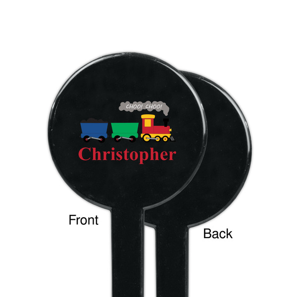 Trains Black Plastic 7" Stir Stick - Single Sided - Round - Front & Back