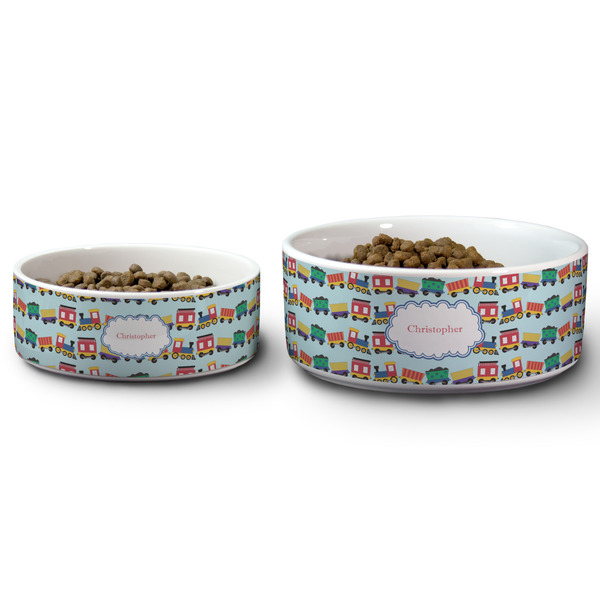 Trains Ceramic Dog Bowls - Size Comparison