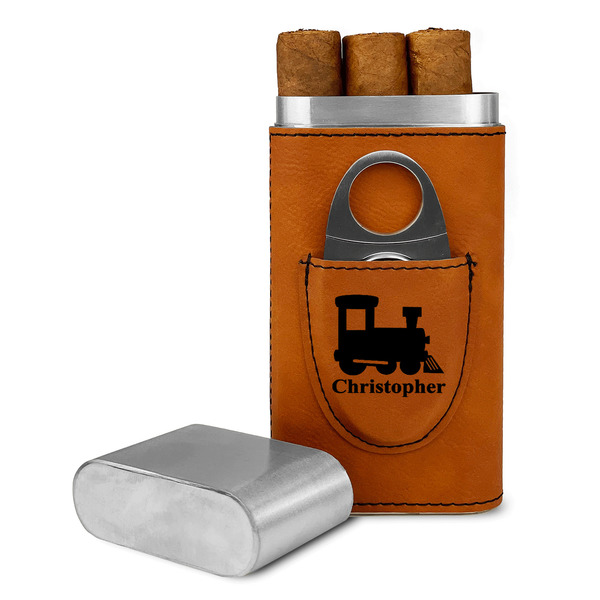 Custom Trains Cigar Case with Cutter - Rawhide - Single Sided (Personalized)