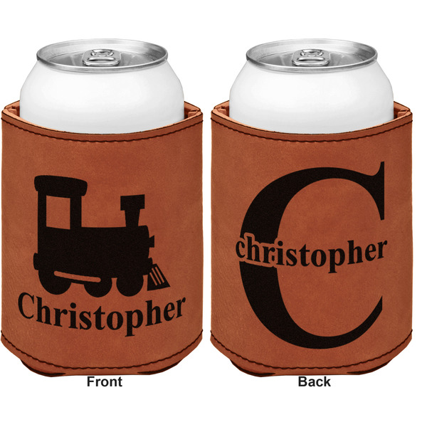 Trains Cognac Leatherette Can Sleeve - Double Sided Front and Back