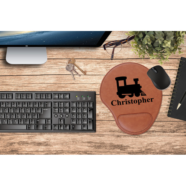 Trains Cognac Leatherette Mousepad with Wrist Support - Lifestyle Image