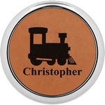 Trains Leatherette Round Coaster w/ Silver Edge (Personalized)