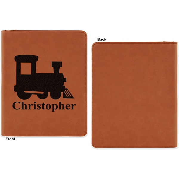 Trains Cognac Leatherette Zipper Portfolios with Notepad - Single Sided - Apvl
