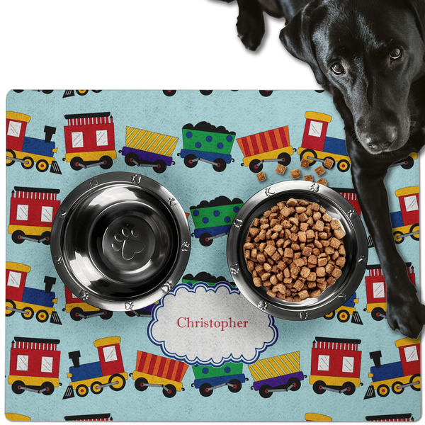 Custom Trains Dog Food Mat - Large w/ Name or Text
