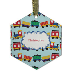 Trains Flat Glass Ornament - Hexagon w/ Name or Text