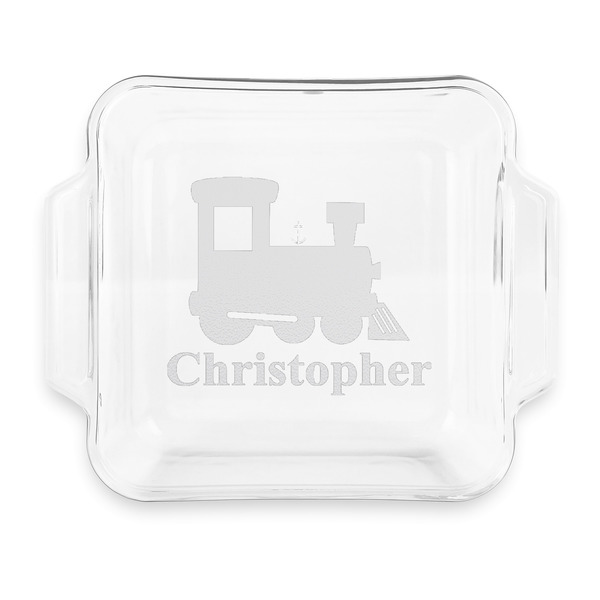 Custom Trains Glass Cake Dish with Truefit Lid - 8in x 8in (Personalized)