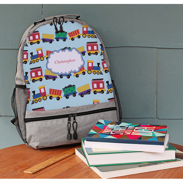 Trains Large Backpack - Gray - On Desk