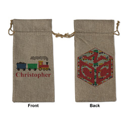 Trains Large Burlap Gift Bag - Front & Back (Personalized)