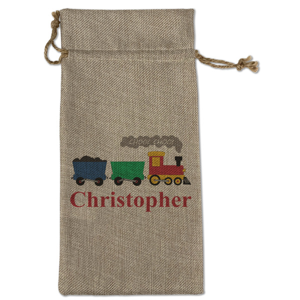 Custom Trains Large Burlap Gift Bag - Front (Personalized)