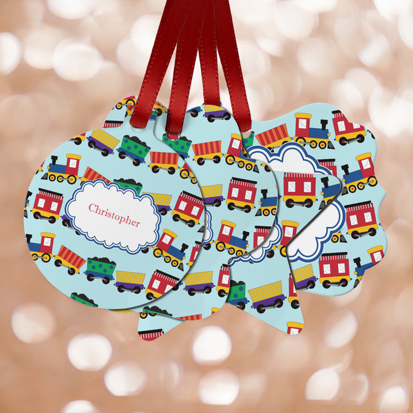 Custom Trains Metal Ornaments - Double Sided w/ Name or Text