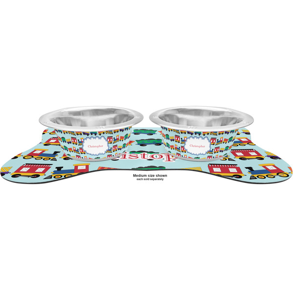 Trains Metal Pet Bowls - On Dog Bone Shaped Mat