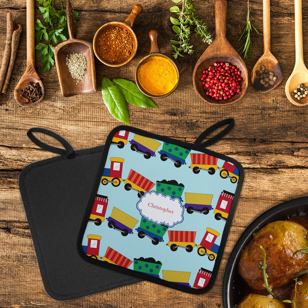 Trains Neoprene Pot Holder - Set of 2  LIFESTYLE (Flatlay)