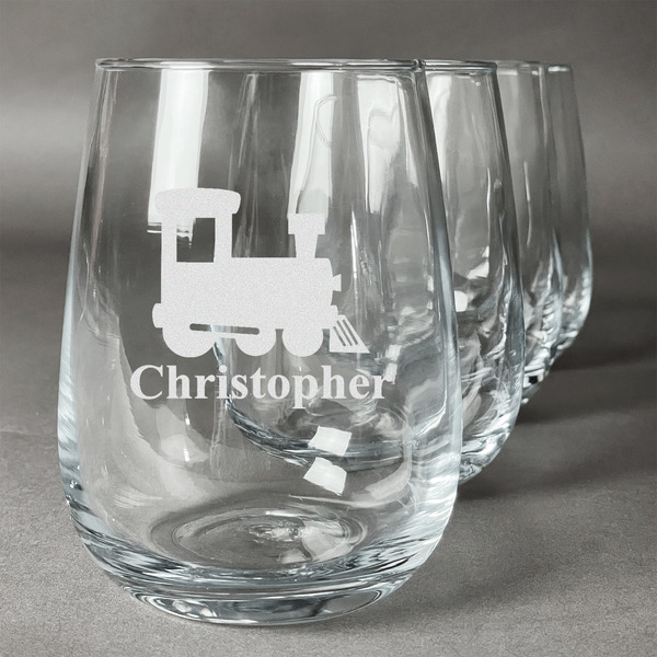 Custom Trains Stemless Wine Glasses (Set of 4) (Personalized)