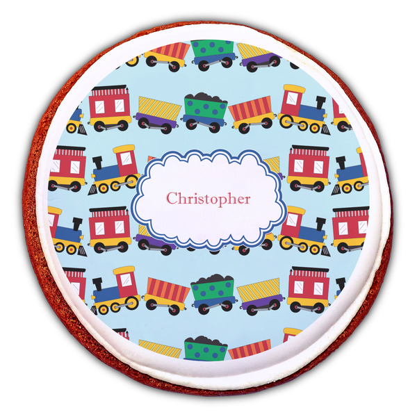 Trains Printed Icing Circle - Large - On Cookie