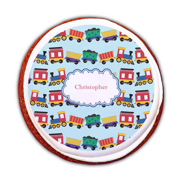 Trains Printed Icing Circle - Medium - On Cookie