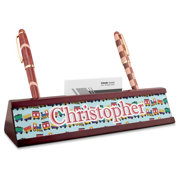 Custom Trains Red Mahogany Nameplate with Business Card Holder (Personalized)