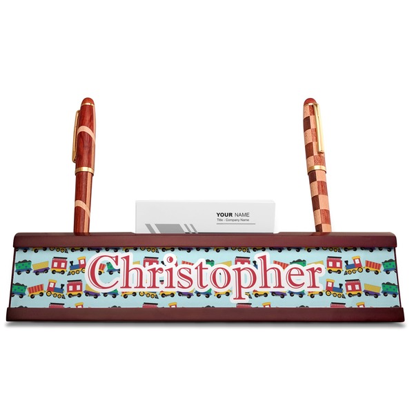 Trains Red Mahogany Nameplates with Business Card Holder - Straight