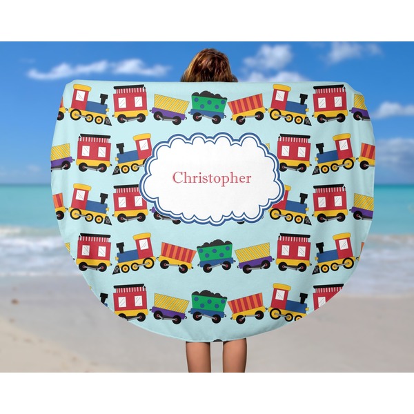 Trains Round Beach Towel - In Use
