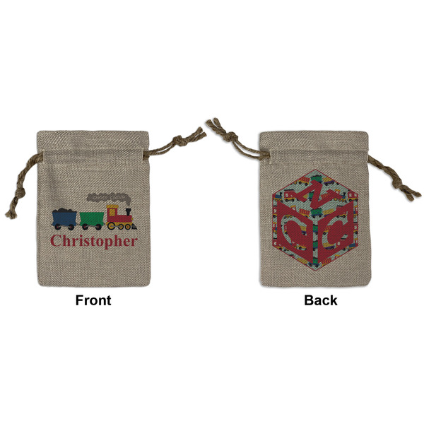 Custom Trains Small Burlap Gift Bag - Front & Back (Personalized)