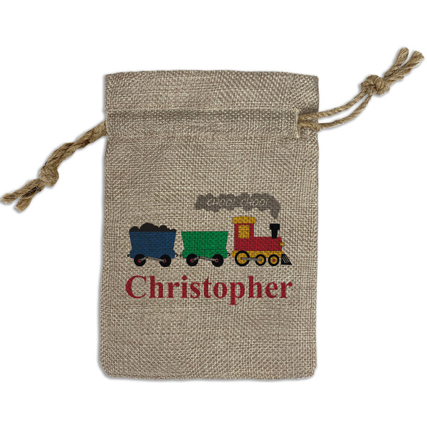 Custom Trains Small Burlap Gift Bag - Front (Personalized)