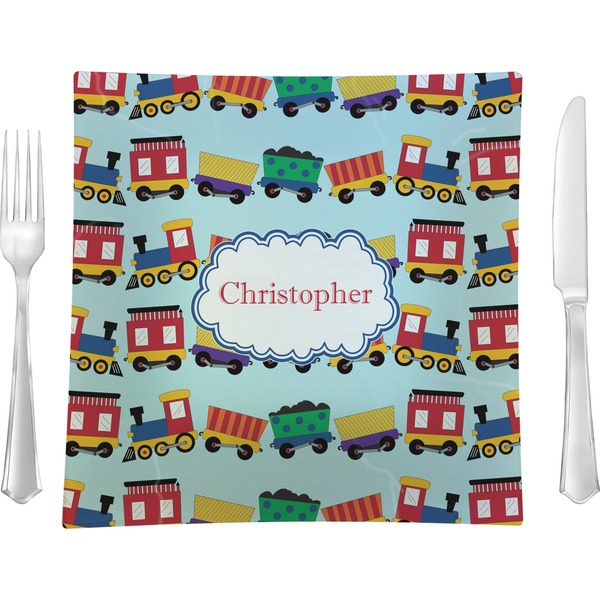 Custom Trains Glass Square Lunch / Dinner Plate 9.5" (Personalized)