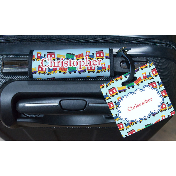 Trains Square Luggage Tag & Handle Wrap - In Context