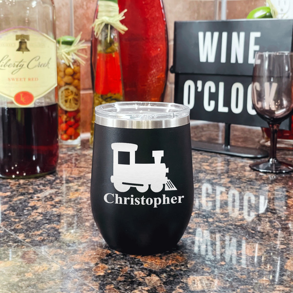 Trains Stainless Wine Tumblers - Black - Double Sided - In Context