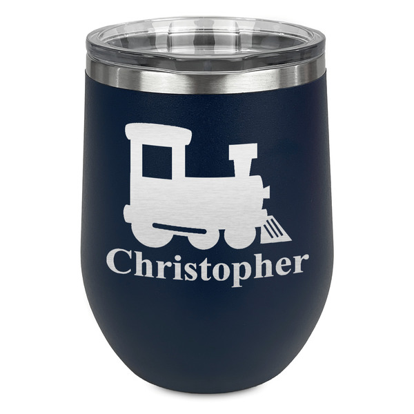 Custom Trains Stemless Stainless Steel Wine Tumbler - Navy - Single Sided (Personalized)