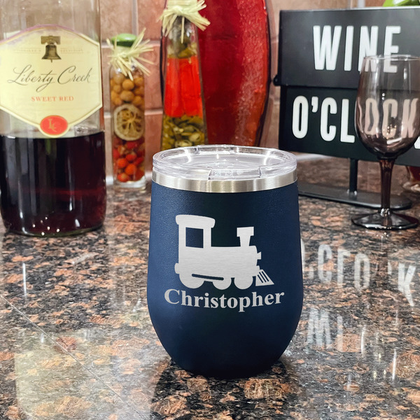 Trains Stainless Wine Tumblers - Navy - Single Sided - In Context