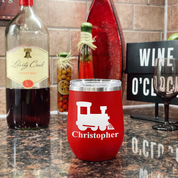 Trains Stainless Wine Tumblers - Red - Single Sided - In Context