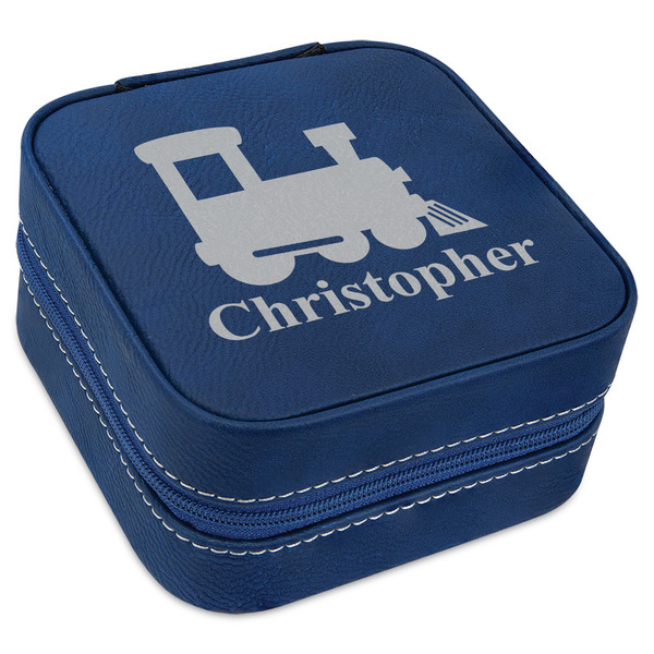 Custom Trains Travel Jewelry Box - Navy Blue Leather (Personalized)