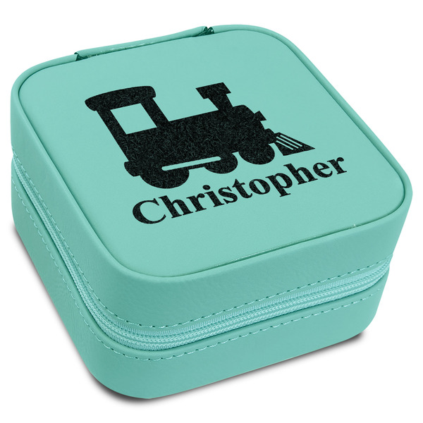 Custom Trains Travel Jewelry Box - Teal Leather (Personalized)