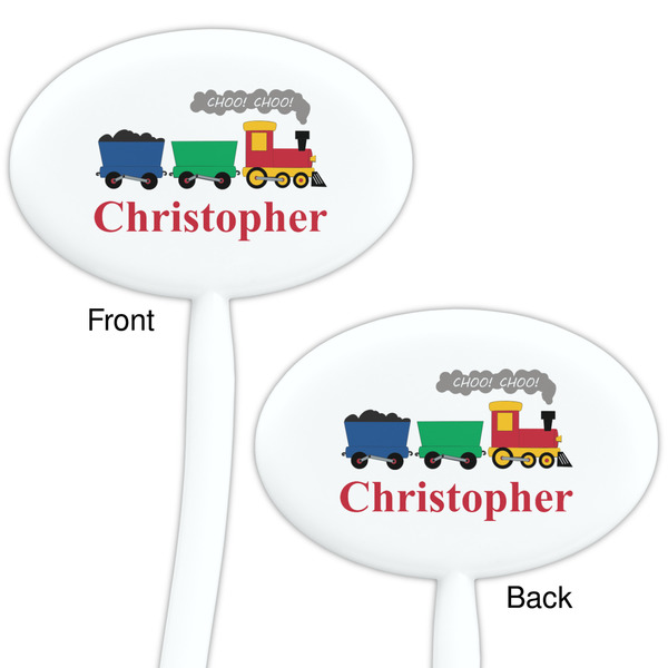 Trains White Plastic 7" Stir Stick - Double Sided - Oval - Front & Back
