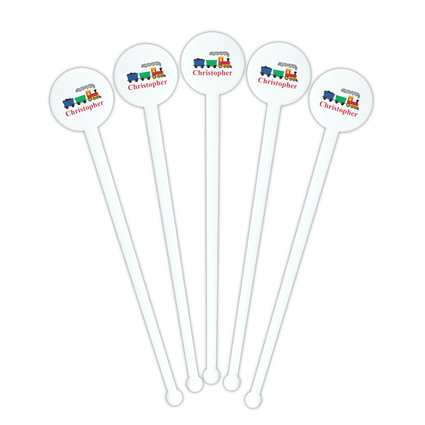 Trains White Plastic 7" Stir Stick - Round - Fan View