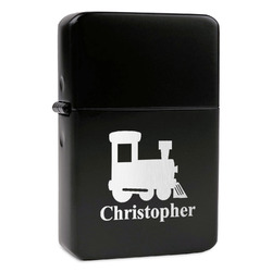 Trains Windproof Lighter - Black - Double Sided & Lid Engraved (Personalized)