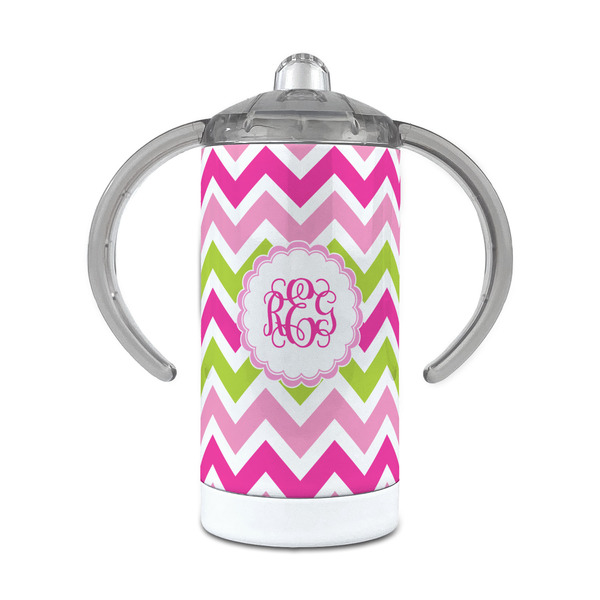 Custom Pink & Green Chevron 12 oz Stainless Steel Sippy Cup (Personalized)