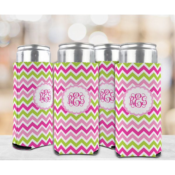 Pink & Green Chevron 12oz Tall Can Sleeve - Set of 4 - LIFESTYLE