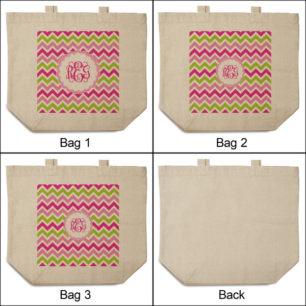 Pink & Green Chevron 3 Reusable Cotton Grocery Bags - Front & Back View