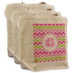 Pink & Green Chevron Reusable Cotton Grocery Bags - Set of 3 (Personalized)