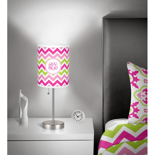 Pink & Green Chevron 7 inch drum lamp shade - in room