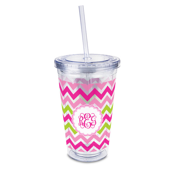Custom Pink & Green Chevron 16oz Double Wall Acrylic Tumbler with Lid & Straw - Full Print (Personalized)