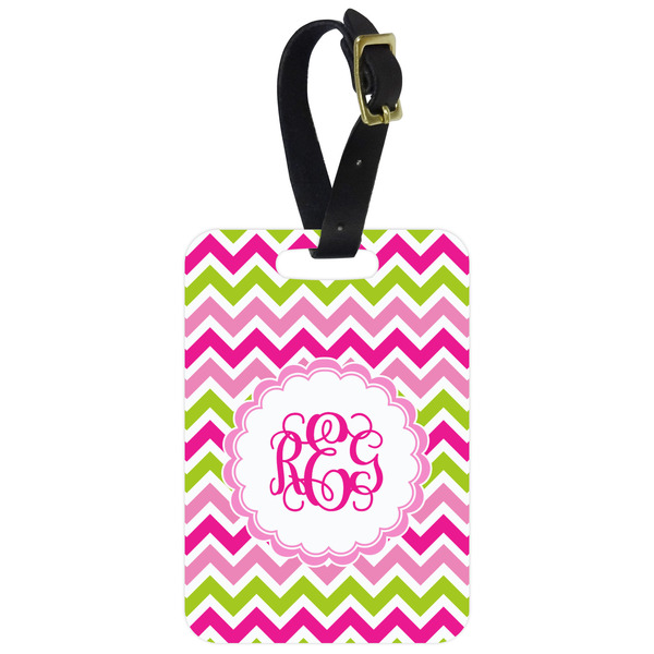 Custom Pink & Green Chevron Metal Luggage Tag w/ Monogram