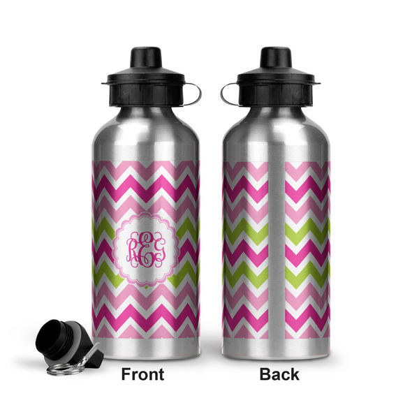 Pink & Green Chevron Aluminum Water Bottle - Front and Back