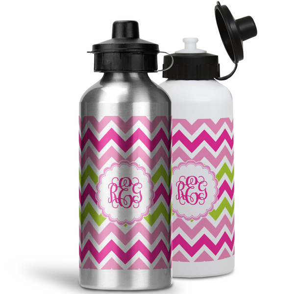 Pink & Green Chevron Aluminum Water Bottles - MAIN (white &silver)