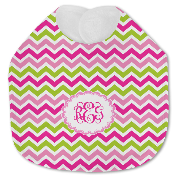 Custom Pink & Green Chevron Jersey Knit Baby Bib w/ Monogram