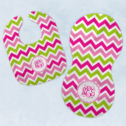 Pink & Green Chevron Baby Bib & Burp Set w/ Monogram